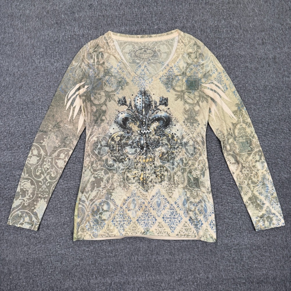 Greensource Shirt Womens Small 3/4 Sleeve Embellished Beaded V Neck Fleur De Lis